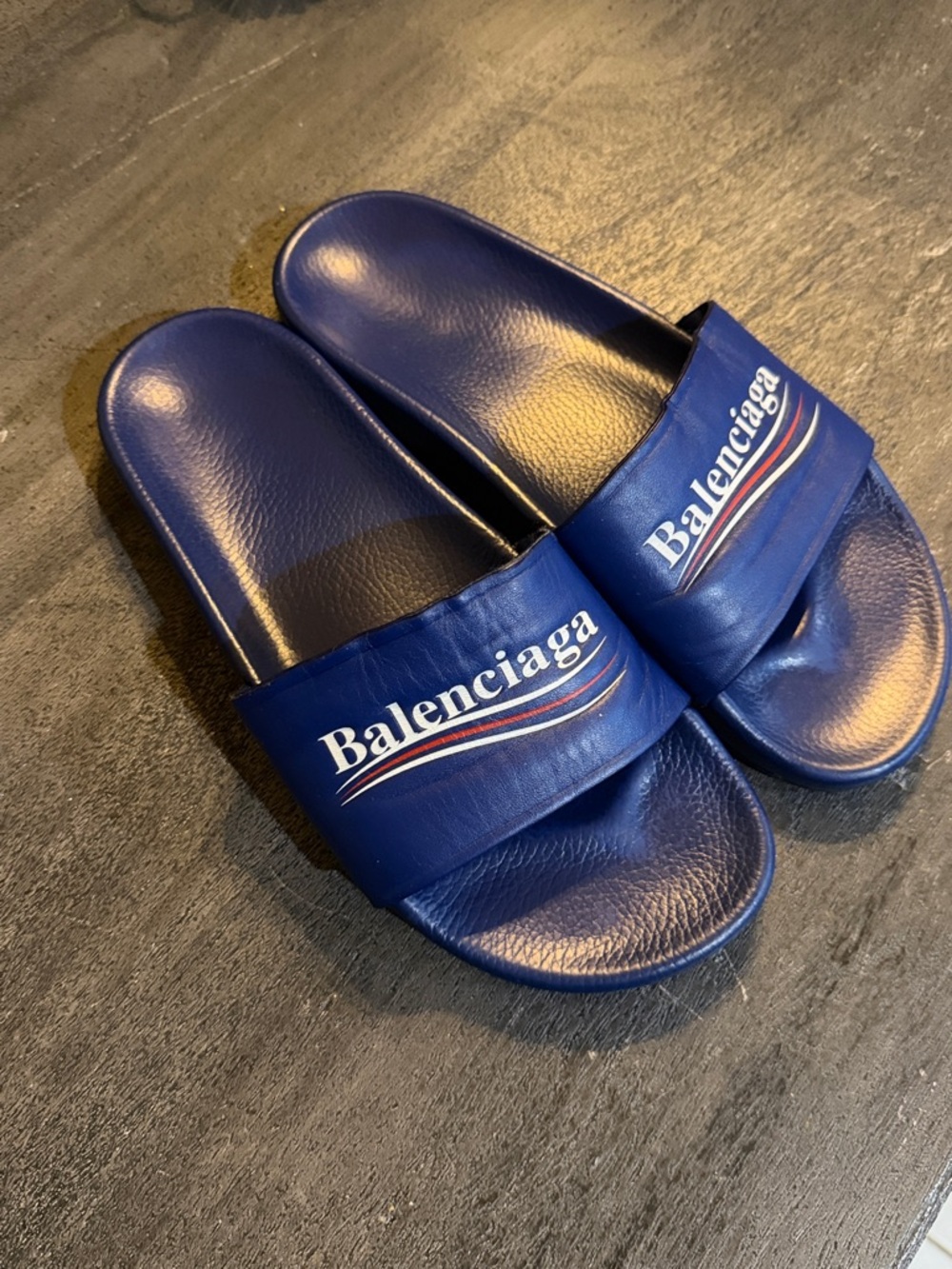 Balenciaga Royal Blue Leather Logo Slide Sandals - Picture 7 of 9
